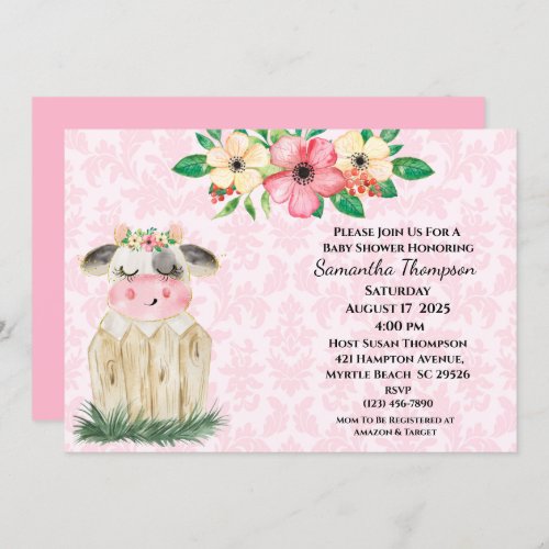 Cute Girls Pink Floral Cow Baby Shower Invitation