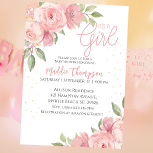 Cute Girls Pink Gold Floral Baby Shower     Invitation