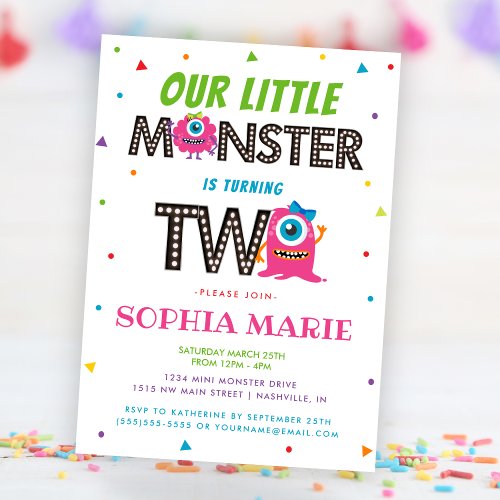Cute Girls Pink Monster 2nd Birthday Party Invitation