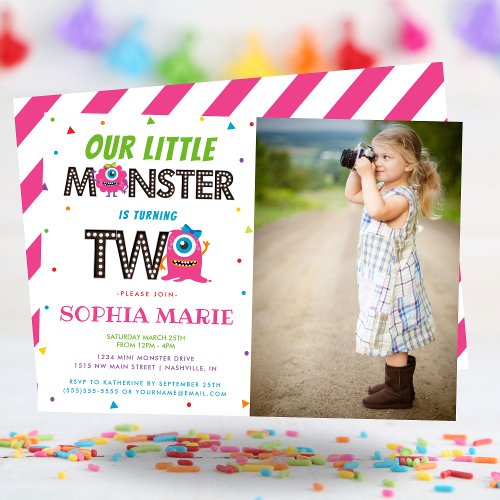 Cute Girls Pink Monster 2nd Birthday Party Photo Invitation