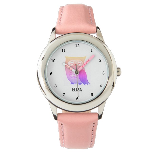 Cute Girls Pink Owl Bird Animals Kids Floral Watch (Front)