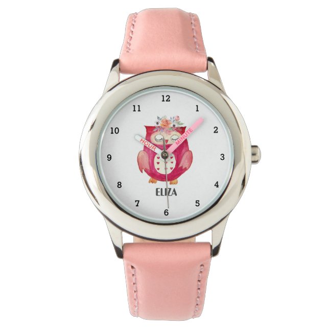 Cute Girls Pink Owl Bird Animals Kids Floral Watch (Front)