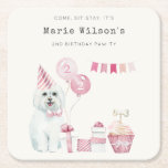 Cute Girls Pink Party Puppy Dog Any Age Birthday Square Paper Coaster<br><div class="desc">For any further customisation or any other matching items,  please feel free to contact me at yellowfebstudio@gmail.com</div>