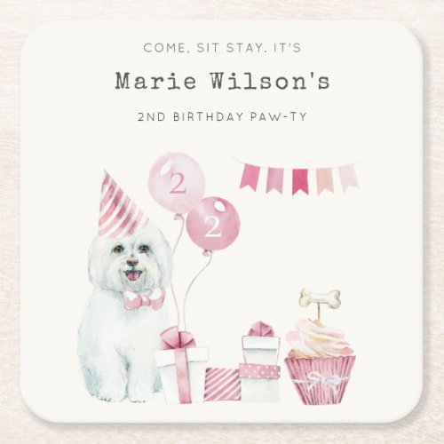 Cute Girls Pink Party Puppy Dog Any Age Birthday Square Paper Coaster