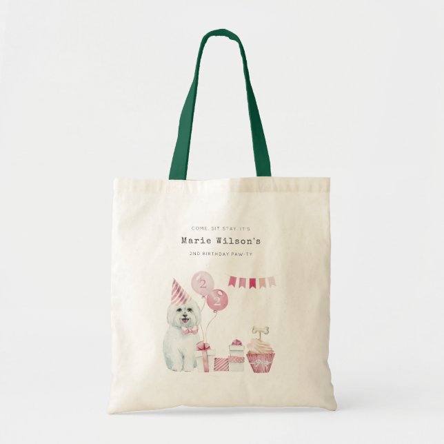 Cute Girls Pink Party Puppy Dog Any Age Birthday Tote Bag (Front)