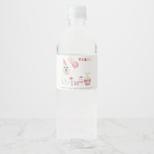 Cute Girls Pink Party Puppy Dog Any Age Birthday Water Bottle Label