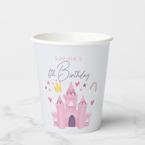 Cute Girls Pink Princess Palace Kids 6th Birthday Paper Cups