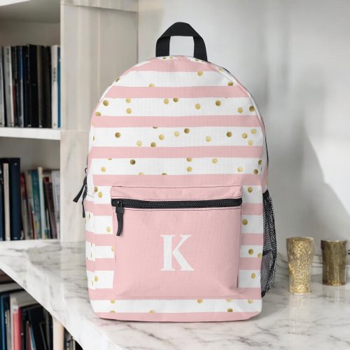 Cute Girls Pink Stripes and Dots with Monogram Printed Backpack