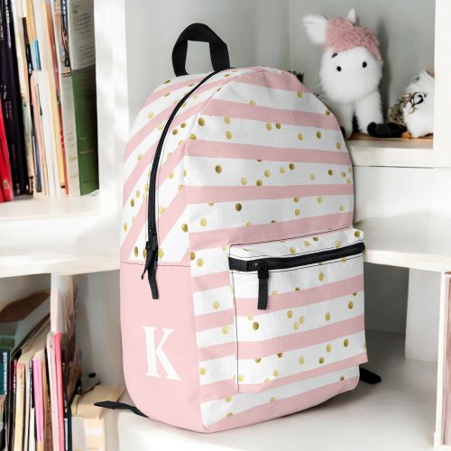 Cute Girls Pink Stripes and Dots with Monogram Printed Backpack