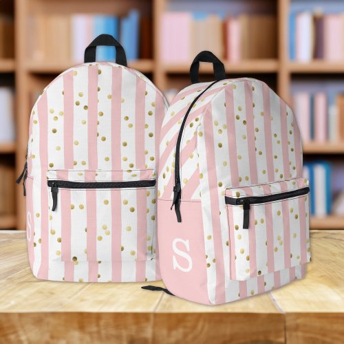 Cute Girls Pink Stripes Dots and  Any Monogram Printed Backpack