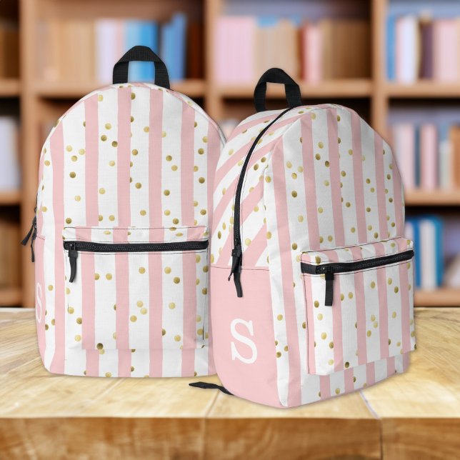Cute Girl's Pink Stripes, Dots and  Any Monogram Printed Backpack (Personalize with your monogram initial.)
