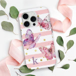 Cute Girl's Pink Stripes Dots and Butterflies iPhone 15 Pro Case<br><div class="desc">A cute design especially for girls,  this iPhone case has a pink and white horizontal stripes pattern with scattered gold polka dots. Three beautiful butterflies in shades of pink,  purple,  lavender and white flutter above your monogram initial. Personalize the text template with your monogram or other desired text.</div>