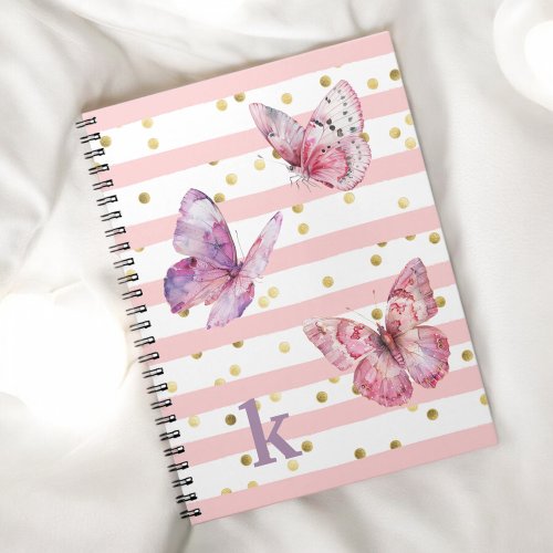 Cute Girls Pink Stripes Dots and Butterflies Notebook