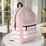 Cute Girl's Pink Stripes Dots and Large Monogram Printed Backpack<br><div class="desc">A fun pattern for girls with horizontal pink and white stripes with golden dots scattered about make this a cute choice in backpacks. A text template in the upper center of the backpack can be personalized with your monogram initial. So stylish and girly, this versatile backpack is ready for back...</div>