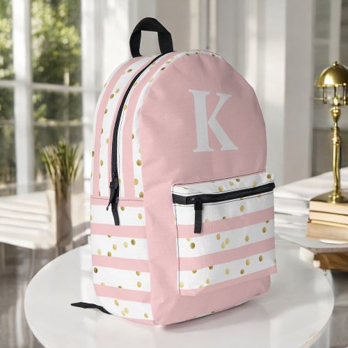 Cute Girls Pink Stripes Dots and Large Monogram Printed Backpack