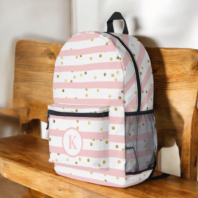 Cute Girl's Pink Stripes Dots and Your Monogram Printed Backpack (Personalize with your monogram initial.)