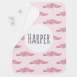 Cute Girl's Pink Watercolor Crocodile Safari Name Baby Blanket