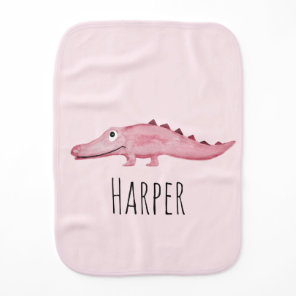 Cute Girl's Pink Watercolor Crocodile Safari Name Baby Burp Cloth