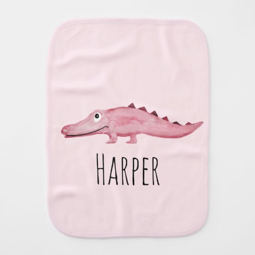 Cute Girls Pink Watercolor Crocodile Safari Name Baby Burp Cloth