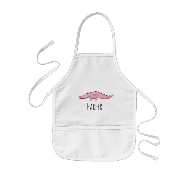 Cute Girl's Pink Watercolor Crocodile Safari Name Kids' Apron (Front)