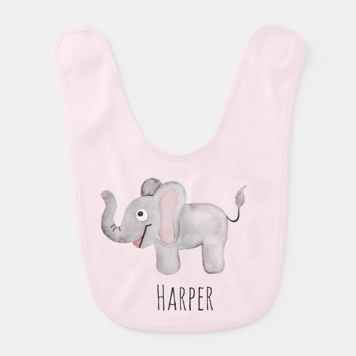 Cute Girls Pink Watercolor Elephant Safari Name Baby Bib