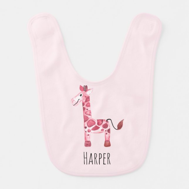 Cute Girl's Pink Watercolor Giraffe Safari & Name Baby Bib (Front)