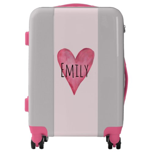 Cute Girls Pink Watercolor Heart with Name Kids Luggage