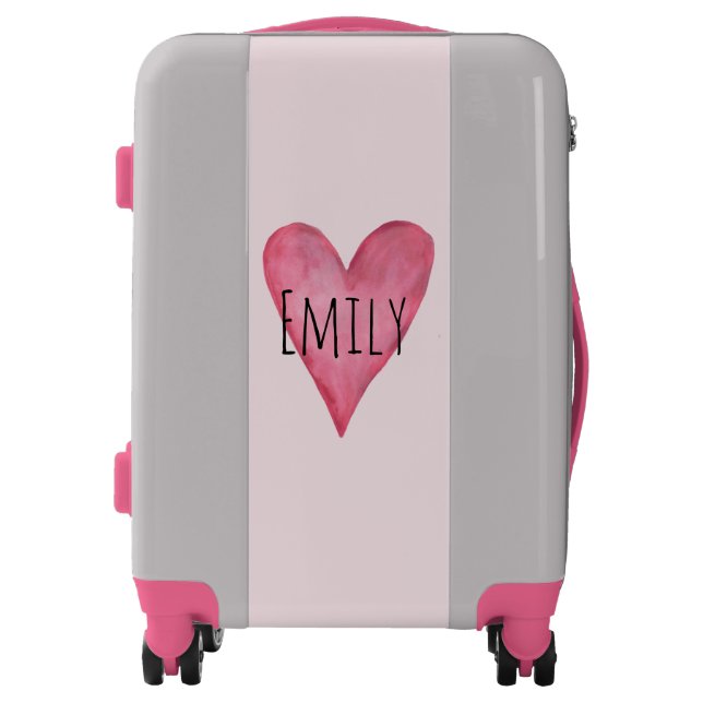 Cute Girls Pink Watercolor Heart with Name Kids Luggage (Front)