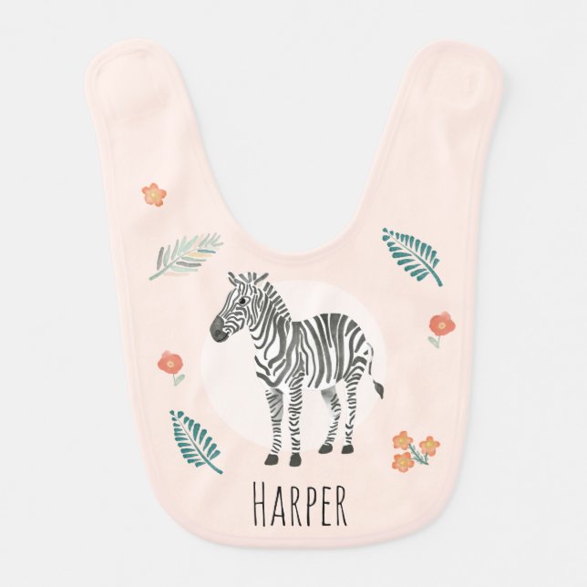 Cute Girl's Pink Watercolor Safari Zebra & Name Baby Bib (Front)
