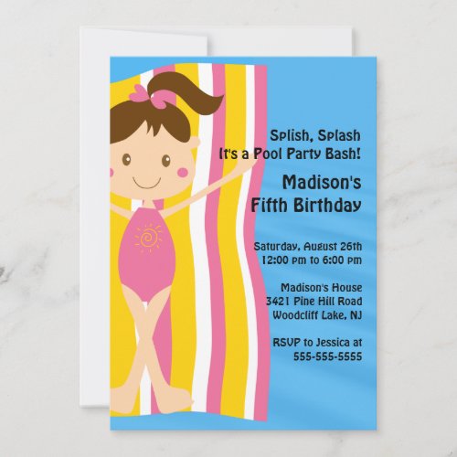 CUTE Girls Pool Party Birthday Invitation
