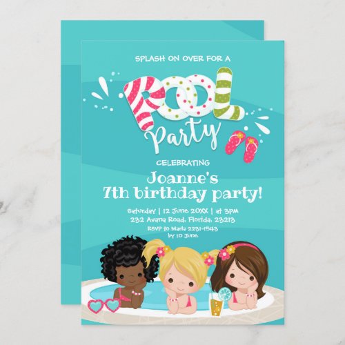 Cute Girls Pool Party Kids Birthday Invitation
