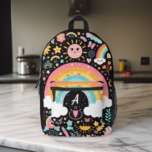 cute girls pretty monogram black school kids printed backpack