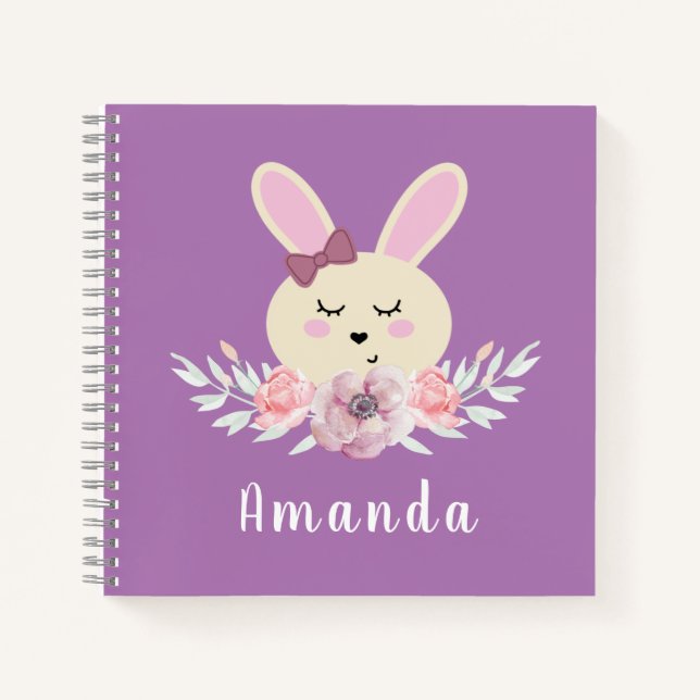 Cute Girls Purple Bunny Custom Name Kids School Notebook (Front)