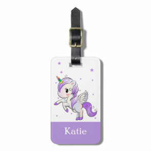 Cute Girls Purple Cartoon Unicorn Pegasus Luggage Tag