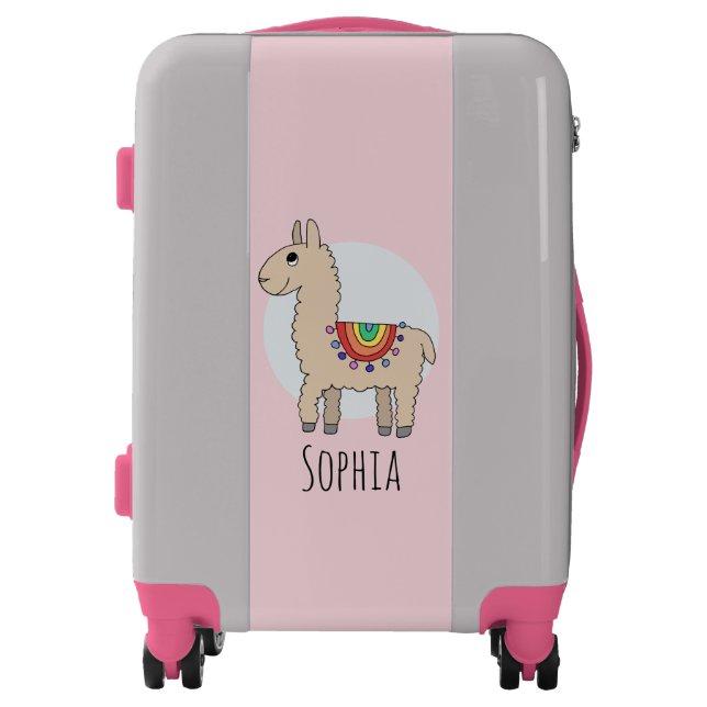 Cute Girls Rainbow Llama Cartoon and Name Kids Luggage (Front)