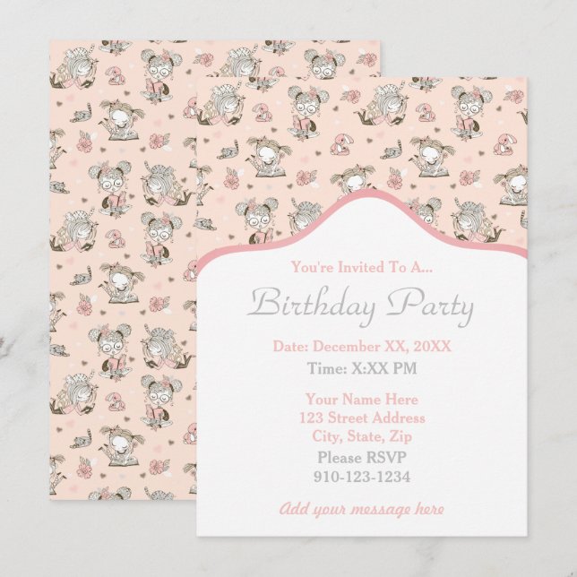 Cute Girls Reading Books Gift Ideas Invitation (Front/Back)