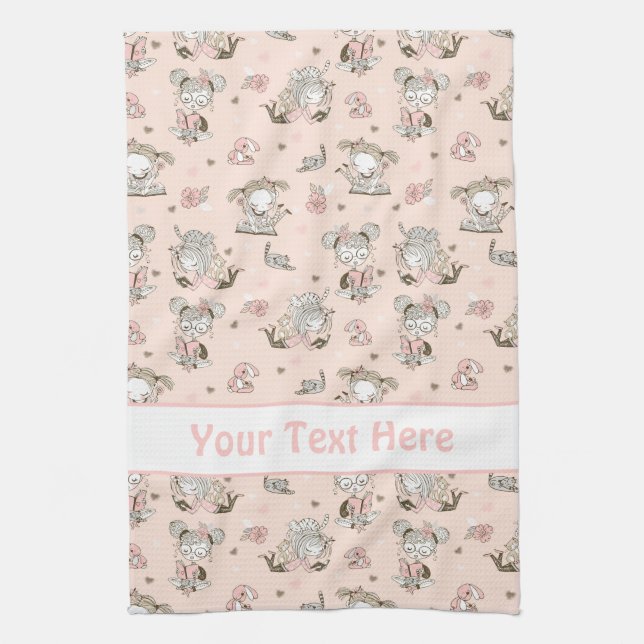 Cute Girls Reading Books Gift Ideas Kitchen Towel (Vertical)