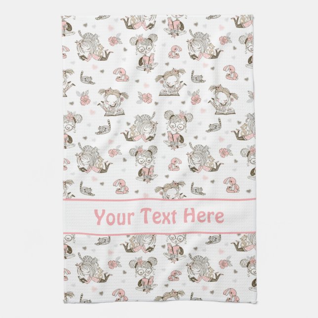 Cute Girls Reading Books Gift Ideas Kitchen Towel (Vertical)
