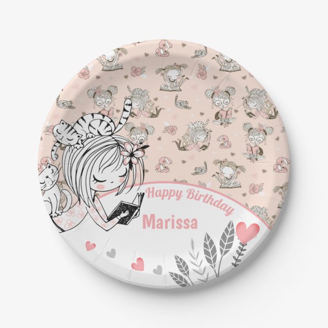 Cute Girls Reading Books Gift Ideas Paper Plates (Front)