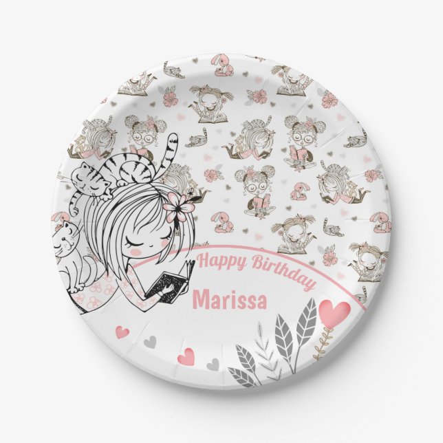 Cute Girls Reading Books Gift Ideas Paper Plates (Front)