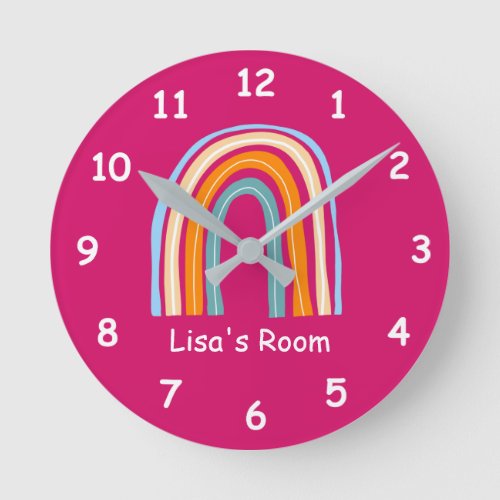 Cute girls room wall clock with rainbow drawing