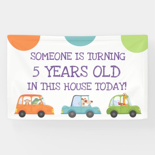 Cute Girls Safari Animals In Cars Birthday Banner