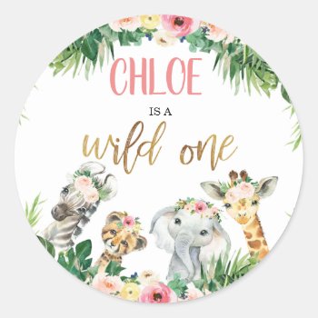 Cute Girls Safari Themed Birthday Party Favor Classic Round Sticker by Sugar_Puff_Kids at Zazzle