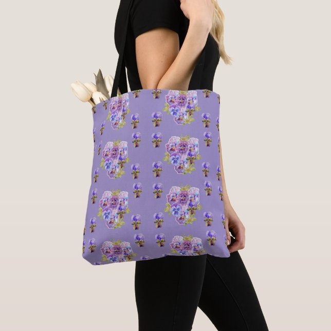 Cute Girls Shabby Purple Pansy Grocery Tote Bag (Close Up)