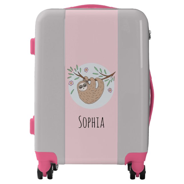 Cute Girls Sleeping Sloth Animal and Name Kids Luggage (Front)