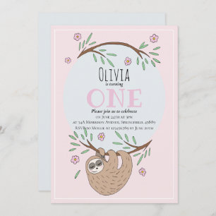 Cute Girls Sleeping Sloth Name 1st Birthday Invitation