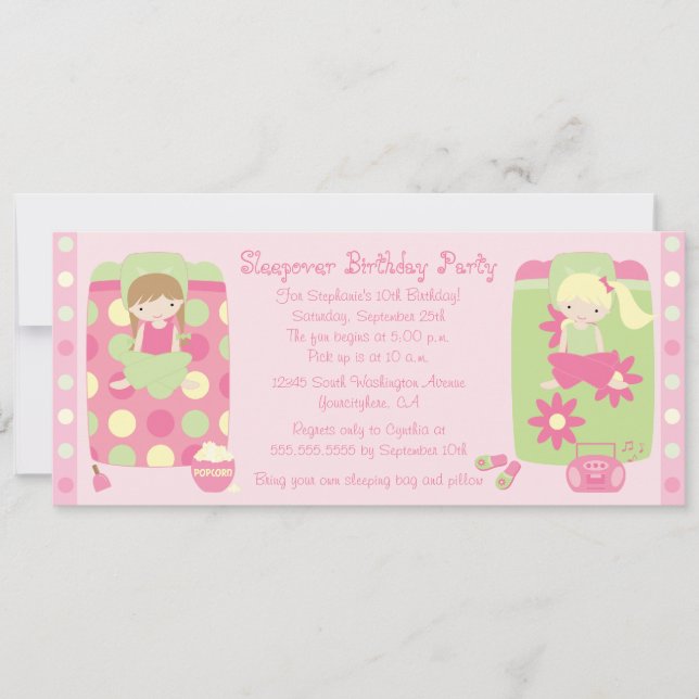 Cute girl's sleepover birthday party invitation (Front)