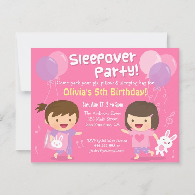 Cute Girls Sleepover Slumber Birthday Party Invitation (Front)