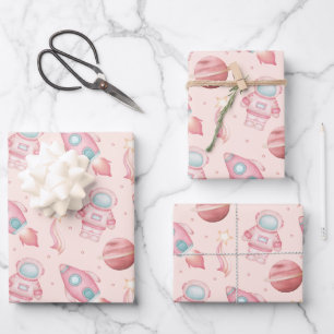 Cute Girls Space Birthday Pink Astronaut Wrapping Paper Sheets