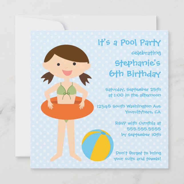 Cute girl's summer pool party birthday invitation (Front)
